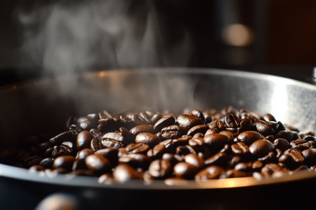 roasted coffee beans in a pan with smoke on a dark backgroundの素材