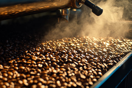 Roasted coffee beans on the conveyor belt of a coffee factoryの素材