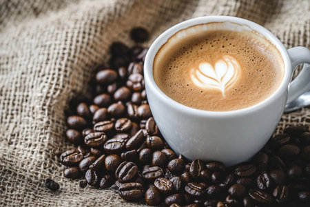 Coffee cup and coffee beans on sackcloth background, stock photoの素材