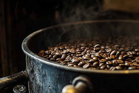 Roasted coffee beans in a cauldron on a wooden background.の素材