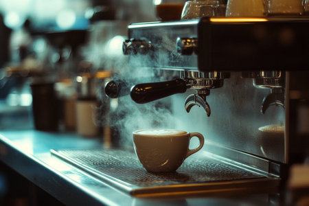 Coffee machine making cappuccino in a coffee shopの素材