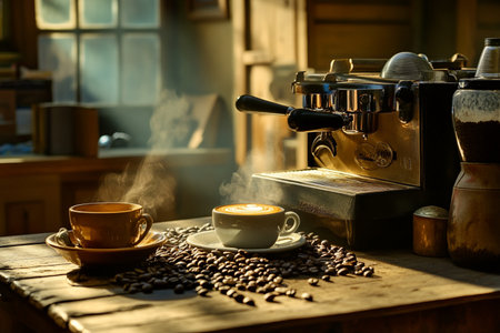 Coffee grinder and cup of coffee on a wooden tableの素材