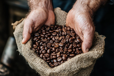 Coffee beans in the hands of a man on a dark background.の素材