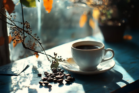 Coffee cup and coffee beans on the windowsill in the morningの素材