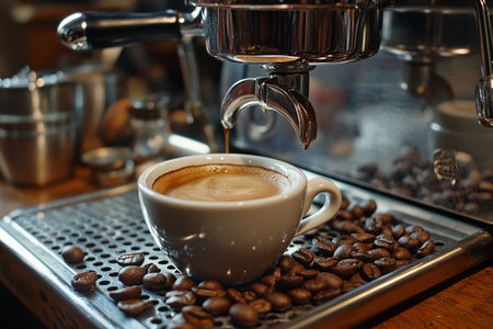 espresso machine and coffee beans on a tray in a coffee shopの素材