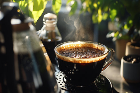 Coffee in a glass cup on a table in the morningの素材