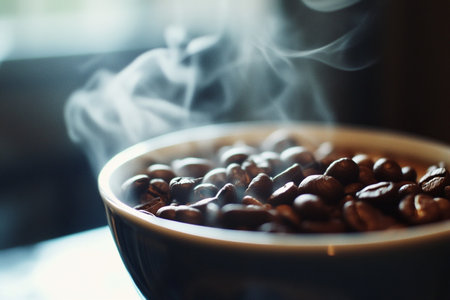 Coffee beans in a cup on a wooden background. Selective focus.の素材