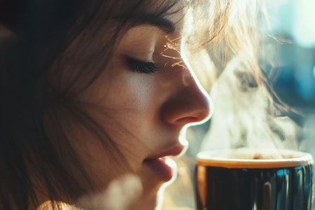 Beautiful young woman drinking coffee in the morning at home. Close-upの素材