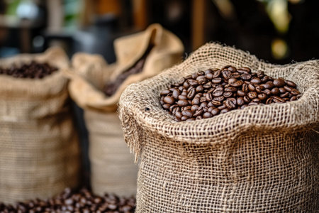 Coffee beans in a burlap bag on a wooden backgroundの素材
