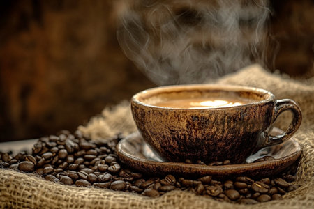 Coffee cup and coffee beans on sackcloth. Vintage style.の素材