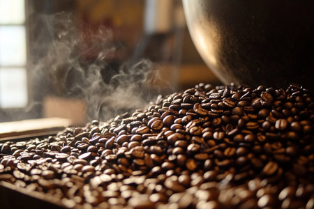 Roasted coffee beans in a roasting machine, close-upの素材