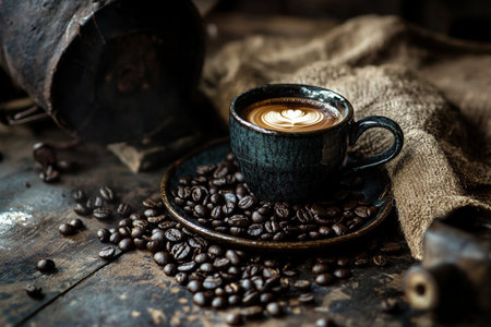 Coffee cup and coffee beans on rustic wooden table.の素材