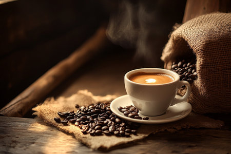 Coffee cup and coffee beans on wooden table with vintage filterの素材