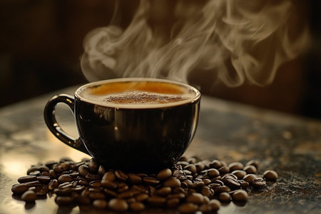 Coffee cup and coffee beans on the table. Coffee backgroundの素材