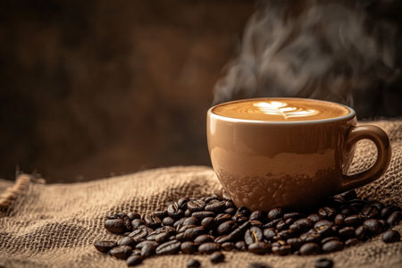 Coffee cup and coffee beans on burlap sack background.の素材