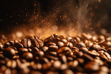 Roasted coffee beans on a black background. Close-up.の素材