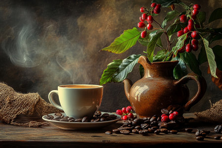 Coffee cup with coffee beans and red berries on wooden tableの素材