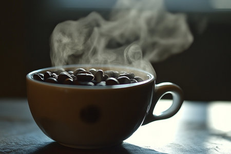 Coffee beans in a cup on a wooden table with smokeの素材