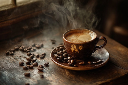 Coffee cup and coffee beans on old wooden table in cafeの素材