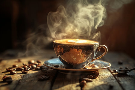 Cup of coffee with coffee beans on wooden table. Selective focusの素材