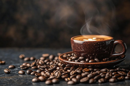 Cup of coffee with roasted coffee beans on a dark background.の素材