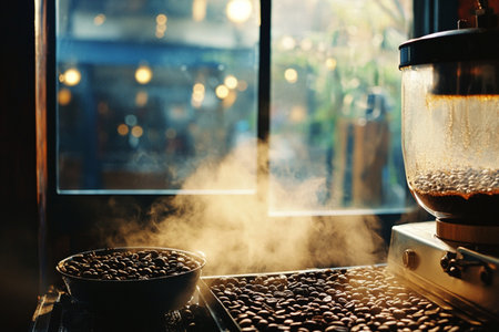 Coffee grinder with roasted coffee beans in a cafe.の素材