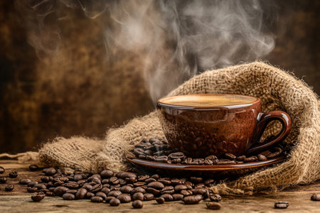Coffee cup and coffee beans on sackcloth on wooden backgroundの素材