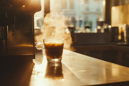 Cup of coffee with steam on a bar counter in a cafeの素材