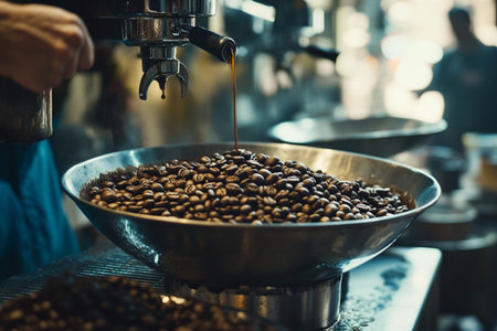 Coffee beans being poured into a bowl in a coffee shopの素材