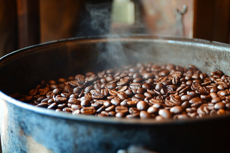 Roasted coffee beans in a roasting pan. Selective focus.の素材