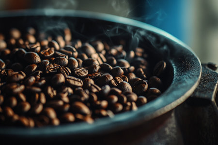 Coffee beans in a roasting pan. Selective focus.の素材
