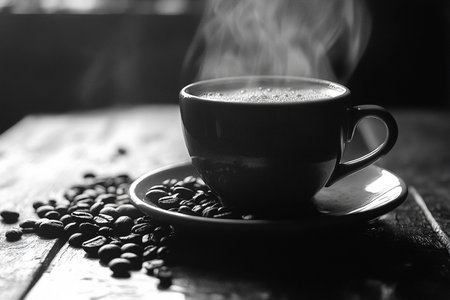 Coffee cup and coffee beans on wooden table in black and whiteの素材