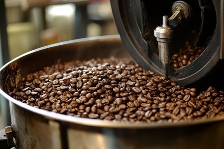 Coffee grinder with roasted coffee beans, close-upの素材