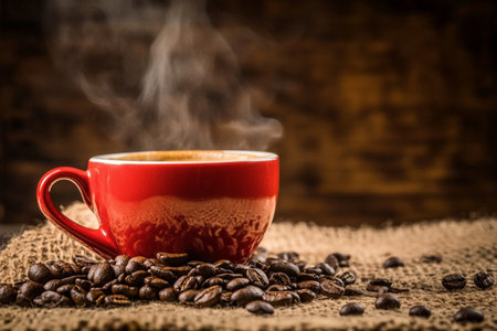 Coffee cup and coffee beans on sackcloth and wooden backgroundの素材