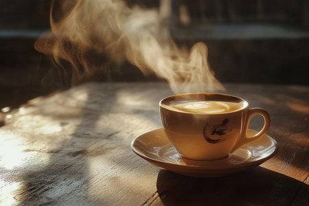 Coffee cup with steam on wooden table in the morning.の素材