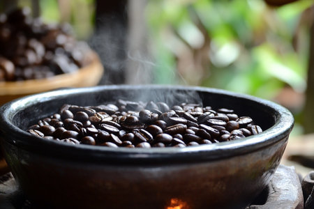 Coffee beans roasted in a pot with smoke in the backgroundの素材