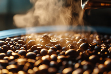Coffee beans being roasted in a coffee shop. Close-up.の素材