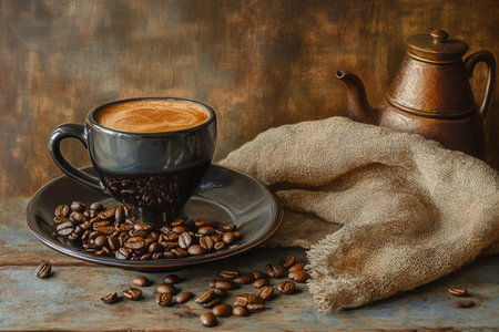 Coffee cup and coffee beans on rustic wooden background.の素材