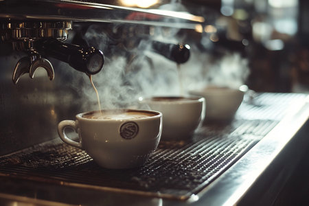 Coffee machine making cappuccino in a coffee shopの素材