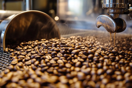 Coffee beans are being poured into a coffee roaster.の素材
