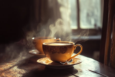 Coffee cup and steam on wooden table with window background.の素材