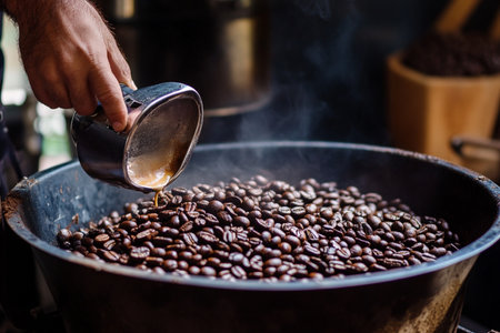 Coffee beans being poured into a roasting pan in a coffee shopの素材