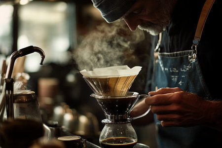 Barista pouring hot coffee in a portafilter at coffee shopの素材