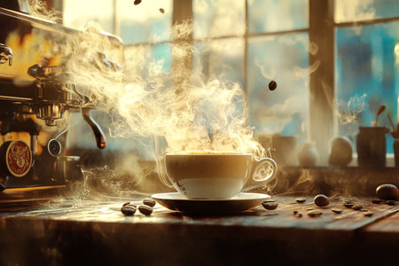 Coffee cup and coffee machine on the background of the windowの素材