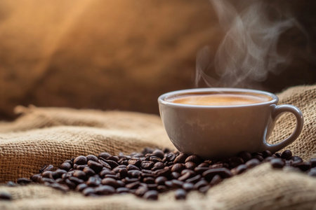 Coffee cup and coffee beans on sackcloth background, stock photoの素材