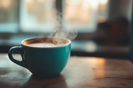 Hot coffee cup on wooden table in coffee shop, vintage color toneの素材
