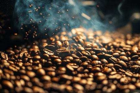 roasted coffee beans with smoke on black background, close-upの素材