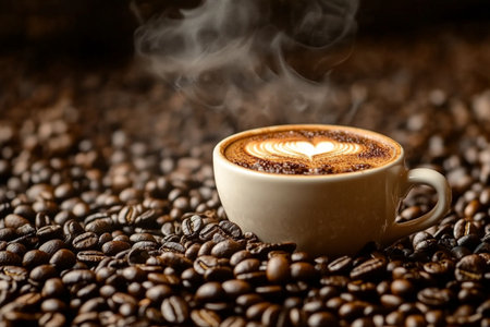 Coffee cup with latte art and coffee beans on dark backgroundの素材