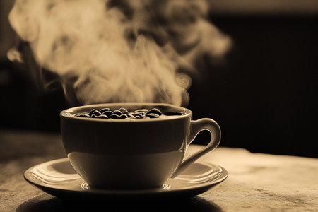 Coffee cup and steam on wooden table in coffee shop.の素材