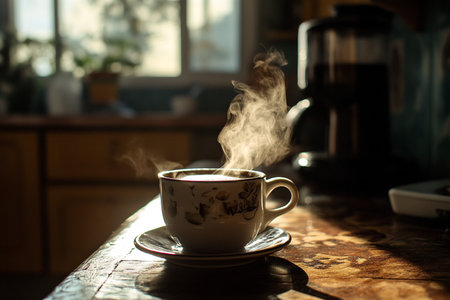 Cup of coffee with steam on the table in coffee shop.の素材